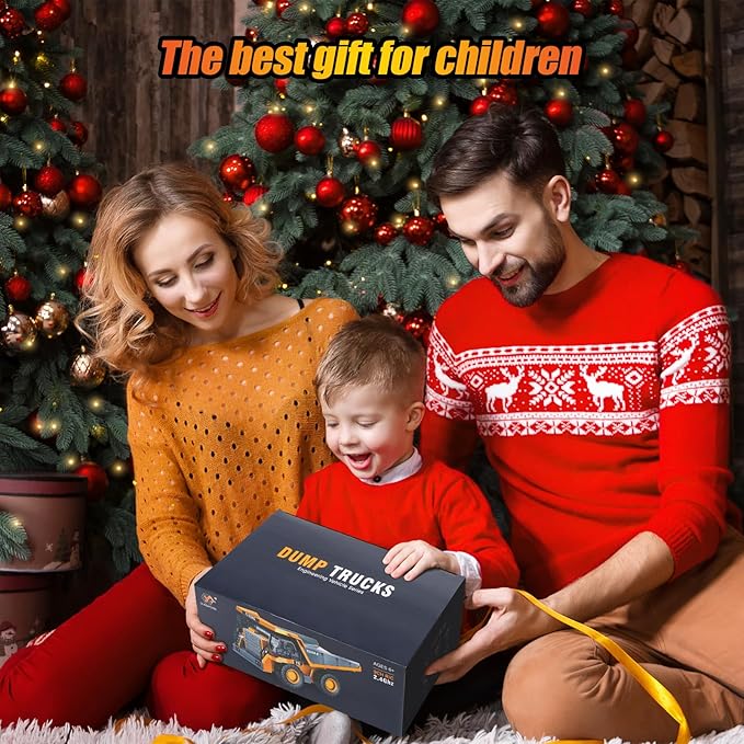 HuiJuKeJi Remote Control Dump Truck - 360° Rotating Metal Bed, 9-Channel RC Construction Toy for Indoor Outdoor Play, Rechargeable with Lights & Sounds, for Kids Ages 6+