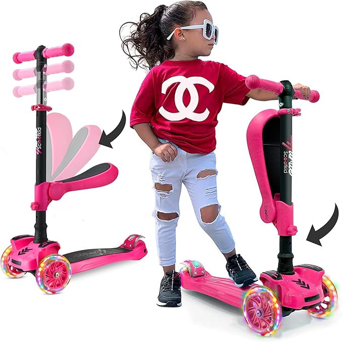 Hurtle 3-Wheeled Scooter for Kids - Wheel LED Lights, Adjustable Lean-to-Steer Handlebar, and Foldable Seat - Sit or Stand Ride with Brake for Boys and Girls Ages 1-14 Years Old