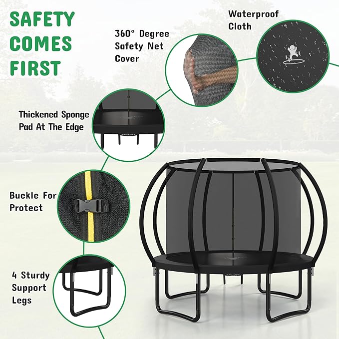 Polar Aurora 10FT 12FT 14FT 16FT Outdoor Trampoline with Safety Enclosure Net, Thickened Spring Pad，ASTM Approved Recreational Trampoline for Kids and Adults,Anti-Rust Coated Frame and Thickened Mat