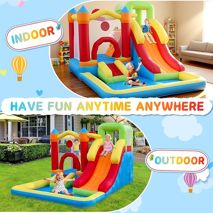 6-in-1 Bounce House with Climbing Wall, Slide & Ball Pit, Inflatable Bouncy Castle with Blower & Basketball Hoop for Backyard, Playground for Kids Toddlers Ages 3-12 (12.5′D x 8.6′W x 7′H)
