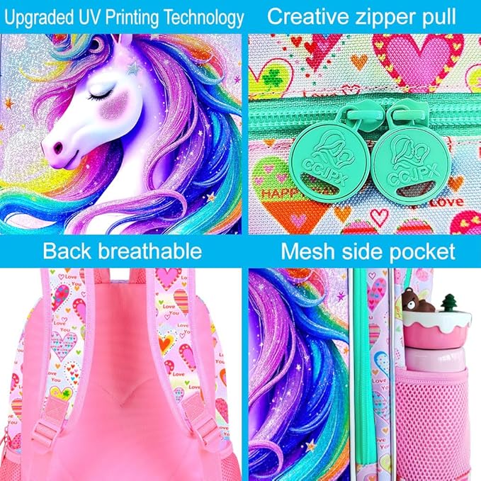 CCJPX 3Pcs Unicorn Backpack, 16” Kids Girls Bookbag with Lunch Box, Water Resistant Elementary School Bag for Kindergarten Preschool Toddler (Pink)