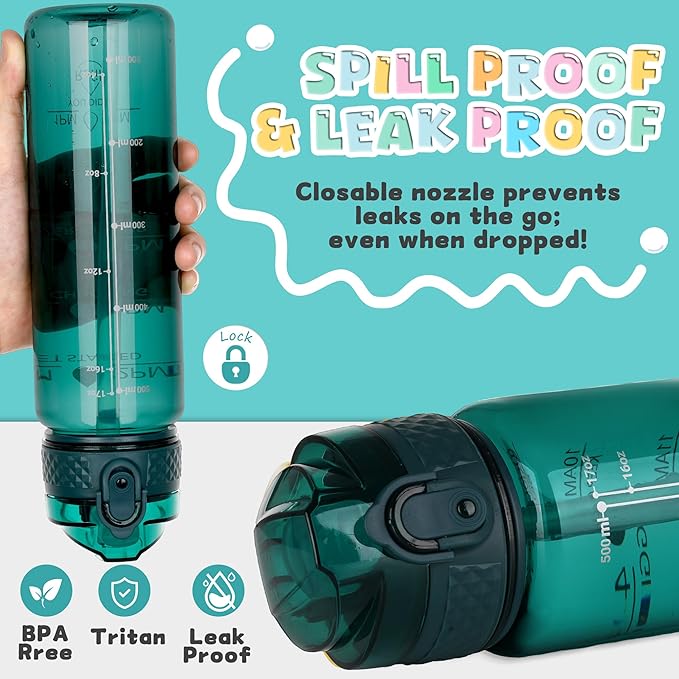 OLDLEY 17oz Kids Water Bottle for school Girls Boys, Motivational Water Bottles With Silicone Straw, Leak-Proof Tritan BPA-Free, Reusable water bottles for kids, Trout Green