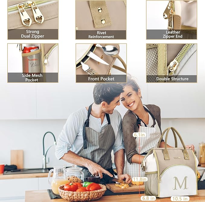 Personalized Lunch Box for Women, Initial Reusable Insulated Lunch Bag, Wide-Open Adult Lunchbox Cooler Lunchbag, Leakproof Lunch Tote for Picnic Work Outdoors, Christmas Gift for Women, Brown - C