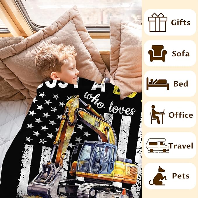 Personalized Excavator Blanket Gifts for Boys, Cute Car Throw Blanket for Kids Teens Construction Truck Lovers, Custom 40x50 Inches Black Soft Blankets for Sofa Couch Bed