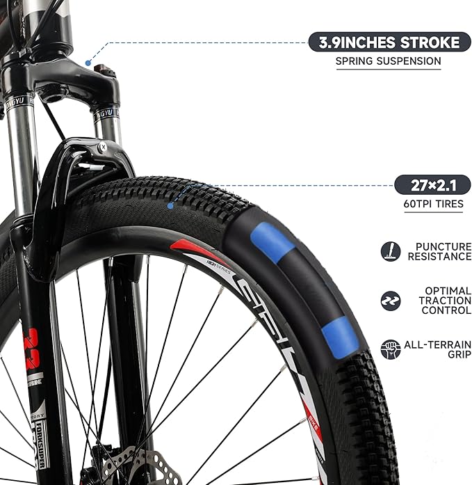 Bruce & Shark 27.5 inch Mountain Bike, 21-Speed Front Suspension & Mechanical Disc Brakes, 265 LBS Load, Adjustable Ergonomic Seat, City/Road Commuter MTB Bicycles for Adult