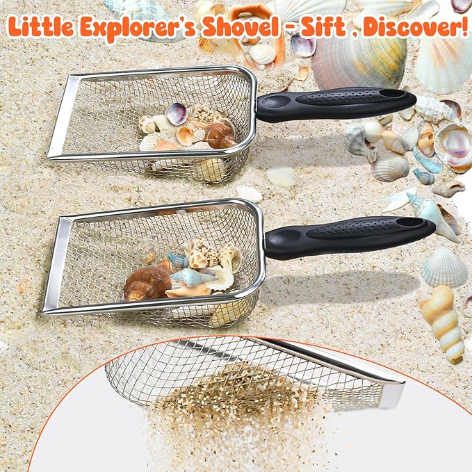 2 PCS Beach Mesh Shovel Sand Sifters with 2 PCS Mesh Beach Bag, Shark Tooth Sifter for Shell Collecting, Filter Sand Scooper Shells Tools for Boys and Girls