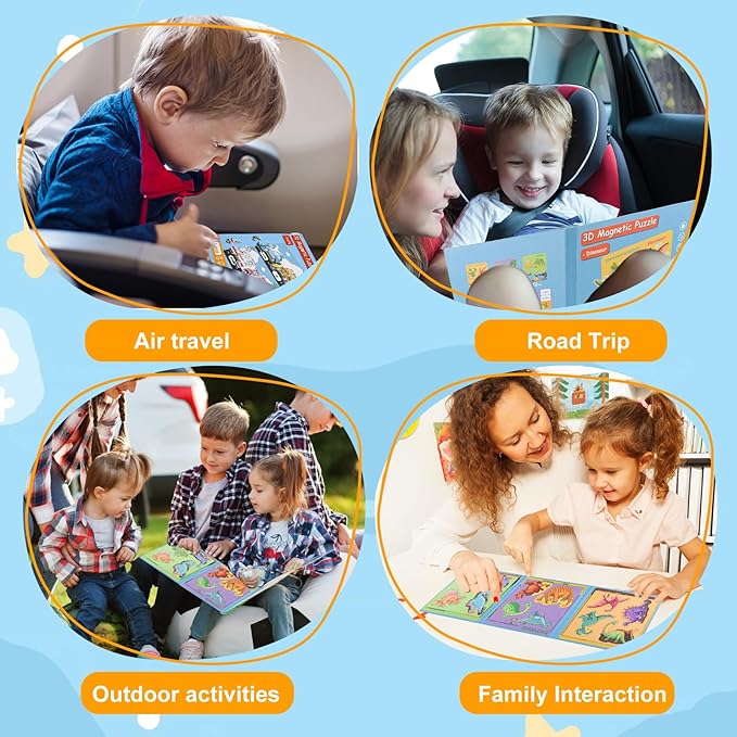 ASTARON 3D Magnetic Dinosaur Puzzle with 80 Puffy Stickers for Toddlers, Dino Magnets for Toddlers 1-3 Preschool Education Learning Travel Toys Car Plane Activities for Kids Road Trip Birthday Gifts