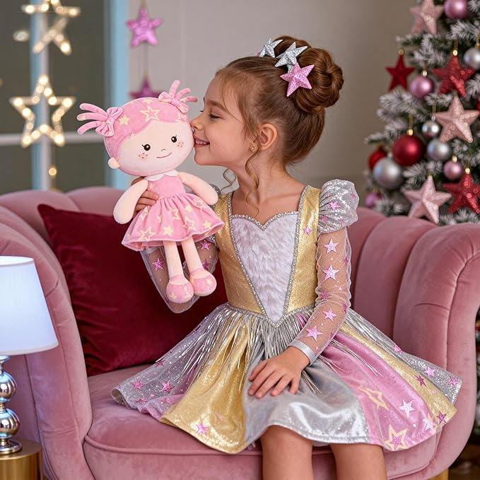 Onetoo First Baby Doll Plush Baby Girls Dolls Rag Doll Soft Baby Doll for Girls Sleeping Cuddle Buddy Doll Wear Star Pink Sleeveless Dress 14"