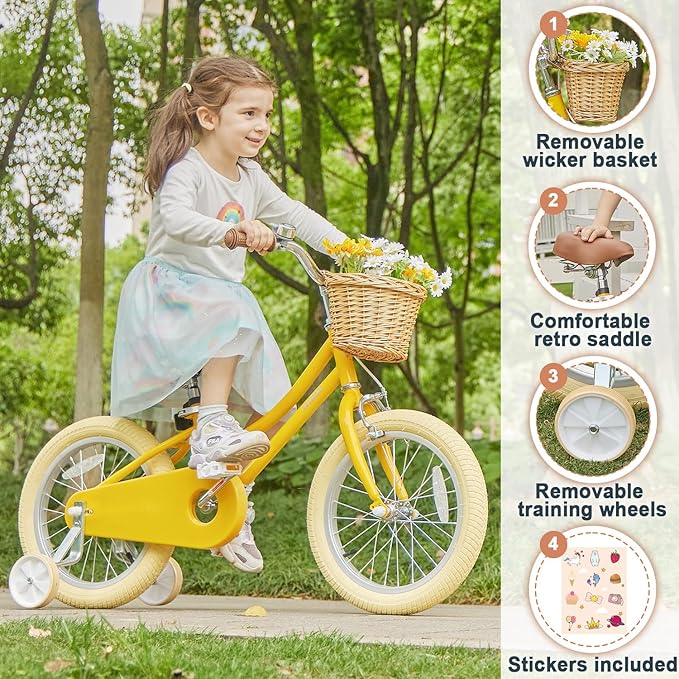 Petimini Girls Bike with Basket for 2-12 Years Old Kids, 12 14 16 18 20 Inch Bicycle with Bell Training Wheels Basket, Multiple Colors
