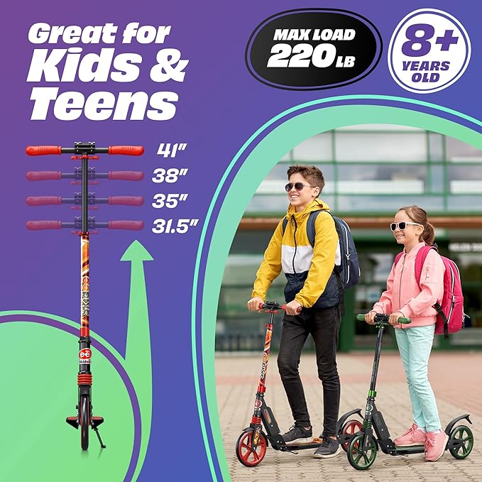 Skidee Adult & Teen Scooter Adjustable Height, Folding, Large Wheels, Lightweight, Durable, Anti-Shock Suspension, Up to 220 lbs