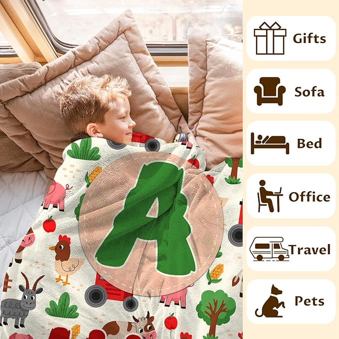 Kids Blanket Gift for Boys, Personalized Farm Throw Blanket for Kids Toddler Boys Age 6-8, Custom Name Initial Letter Monogram Soft Fuzzy Blankets for Bed Couch Sofa Decor