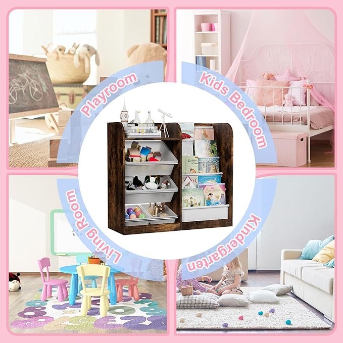 Rustic Kids Wood Bookshelf Toy Storage Box Organizer Shelf W/4 Removable Plastic Toy Bins Children Bookcase Toddler Baby Sling Book Rack Cabinet Chest Girl Boy Gift Playroom Classroom Bedroom Nursery