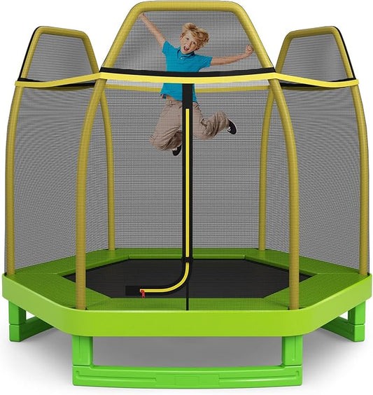 GYMAX Trampoline for Kids, 7FT Toddler Trampoline with Safety Enclosure Net & Seamless Spring Pad, Heavy Duty Small Indoor/Outdoor Trampoline for Boys, Girls Age 3+