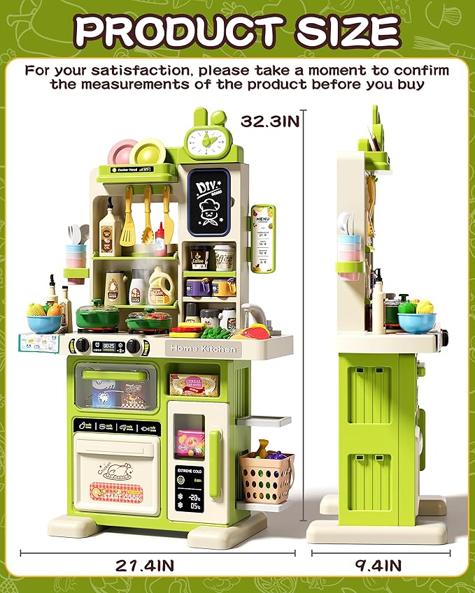 33.8IN Kids Kitchen Playset, 63PCS Kid Play Kitchen with Realistic Lights & Sounds, Spray Sink Toy Kitchen Accessories, Pretend Food Toys Kitchen for Boys Girls Toddlers(Green)