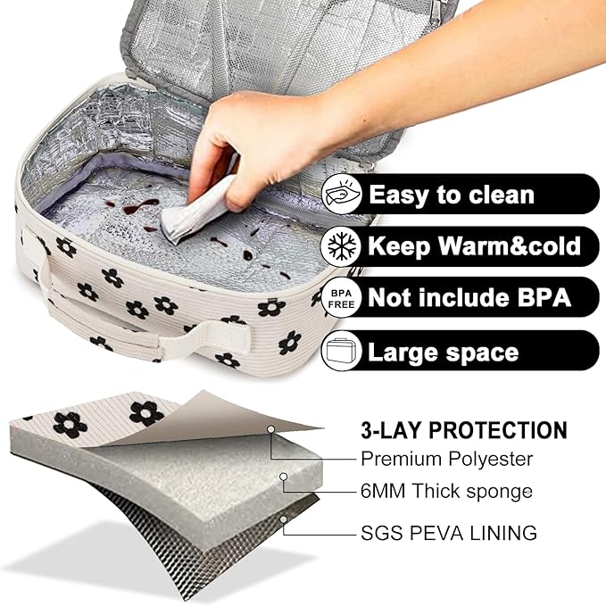 Bluboon Kids Girls Lunch Bag Insulated Lunch Box for school Corduroy Lunch Cooler Organizer School Kids Lunch Tote (Corduroy Beige Floral)