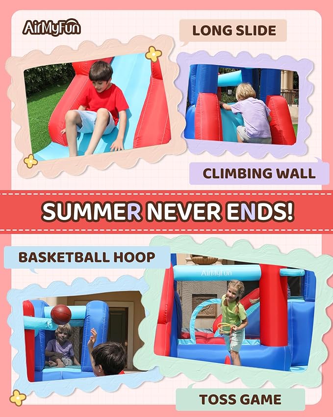 AirMyFun Bounce House,Bouncy Castle with Ball Pit,Inflatable Kids Double Slide with Air Blower, Castle Bouncer for Children Jumping Outdoor and Indoor Party