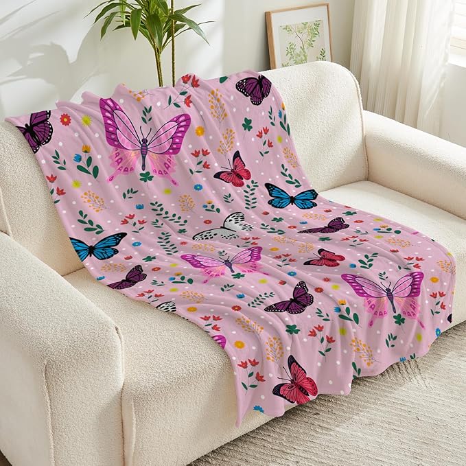 Wajade Butterfly Throw Blanket for Girls Teens Women Pink Soft Fuzzy Flannel Bed Blanket for Couch Sofa Bedroom Plush Colorful Flowers Blankets 60”x80”