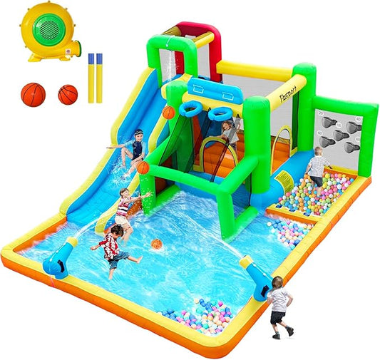 FBSPORT Inflatable Bounce House Water Slide, Bounce House for Kids Indoor Outdoor Bouncy House with 550W Blower, Bounce Castle with Slide Ball Shooting, Water Gun, Splash Pool, Bounce Area, Hose
