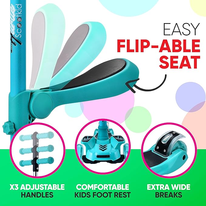 Hurtle 3-Wheeled Scooter for Kids - Wheel LED Lights, Adjustable Lean-to-Steer Handlebar, and Foldable Seat - Sit or Stand Ride with Brake for Boys and Girls Ages 1-14 Years Old