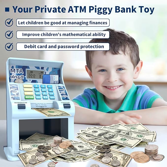 ATM Piggy Bank for Kids, Kids Bank for Real Money with Debit Card, Coin Recognition, Target Setting, Bill Feeder, Balance Calculator, Savings Machine Box, Gifts for Teen Boys Girls