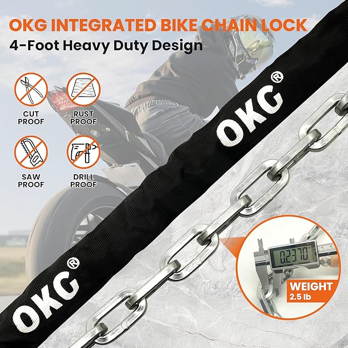 OKG Bike Chain Lock - 4 Foot, 1/4 inch Thick Square Cut Proof Chain, Hardened Alloy Steel Anti Theft Chain Lock for Bike, ATV, Scooter, Trailer, Moped, Grill, Gate Fence