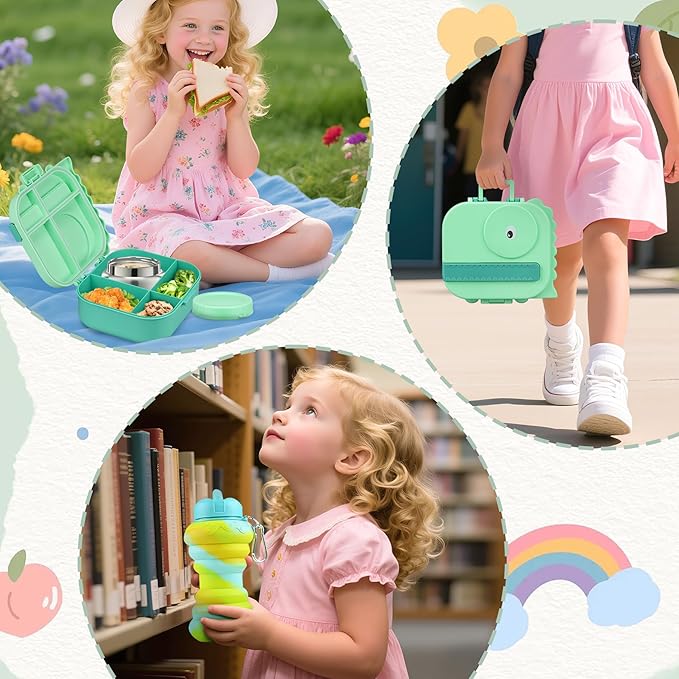 Dinosaur Lunch Box for Kids with Secret Compartment | 4 Compartments Bento Box + 12oz Insulated Food Jar | Leak-Proof Sauce Cup & Collapsible Spoon | BPA-Free, Dishwasher Safe(Green-01)