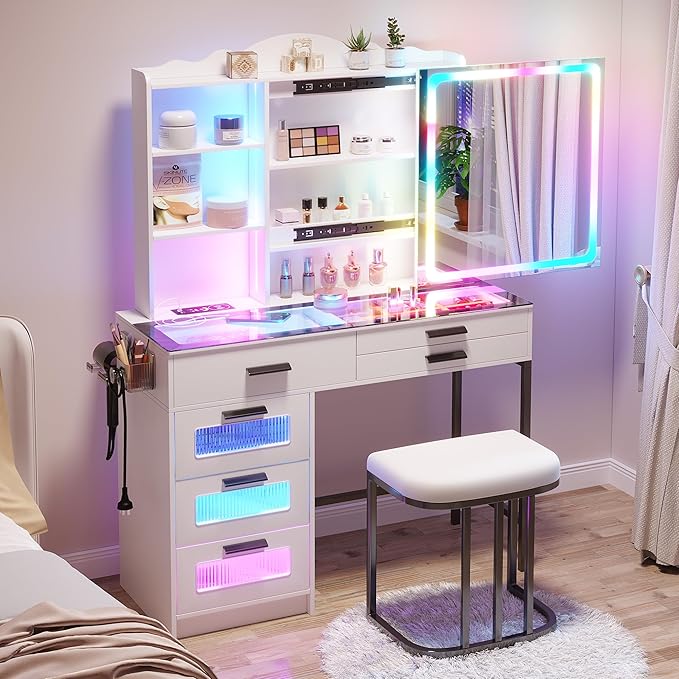 HENBC Vanity Desk with Sliding Mirror and Glass Desktop, LED Vanitys Mirror with RGB Lights Desk and Chair, Dressers Table Set with Charging Station/Makeup Organizer/6 Drawers for Bedroom(White)