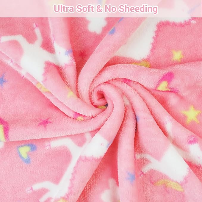 Viviland Kids Unicorn Print Blanket, Warm Lightweight Plush Pink Unicorn Fleece Throw for Sofa, Couch, Bed - 30" x 40"