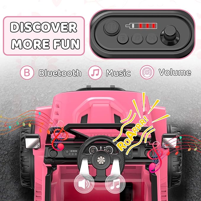 12V Ride On Truck Car with Remote Control, Kids Electric Vehicles with Bluetooth Music, Horn, 3 Speeds, 4 LED Lights, Soft Start, Ride on Toys for Toddler Boys & Girls (Pink)