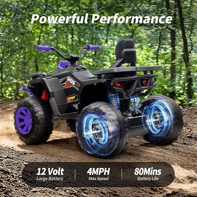 12V Kids 4 Wheeler ATV, 2-Seater Electric ATV Four Wheeler for Big Kids with Bluetooth, 14.4" Big Wheels - Purple