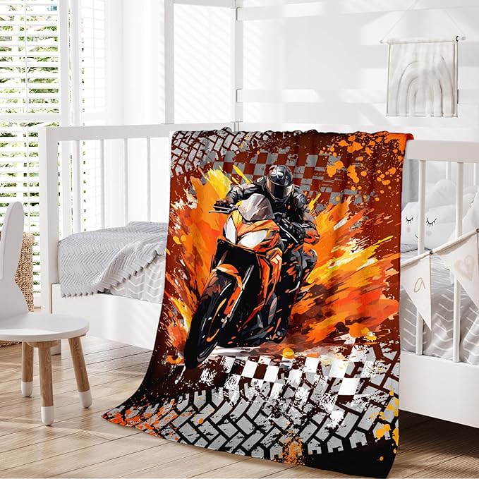 Motorcycle Blanket for Kids Boys Blankets Gift for Son Grandson, Cool Cozy Soft 50 x 40 Inches Flannel Throws for Bed Travel Sofa Living Room