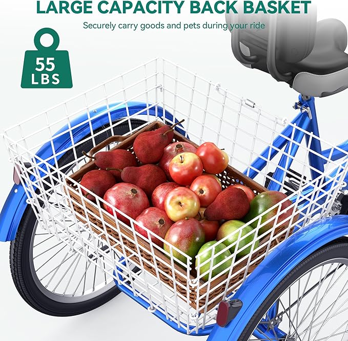 YITAHOME 24 & 26 Inch Adult Tricycle, 1 & 7 Speed 3 Wheel Bikes, Large Seat with Backrest Trike for Adults with Front & Rear Baskets, Cruiser Bike for Seniors Women Men Commute Picnic Outdoor