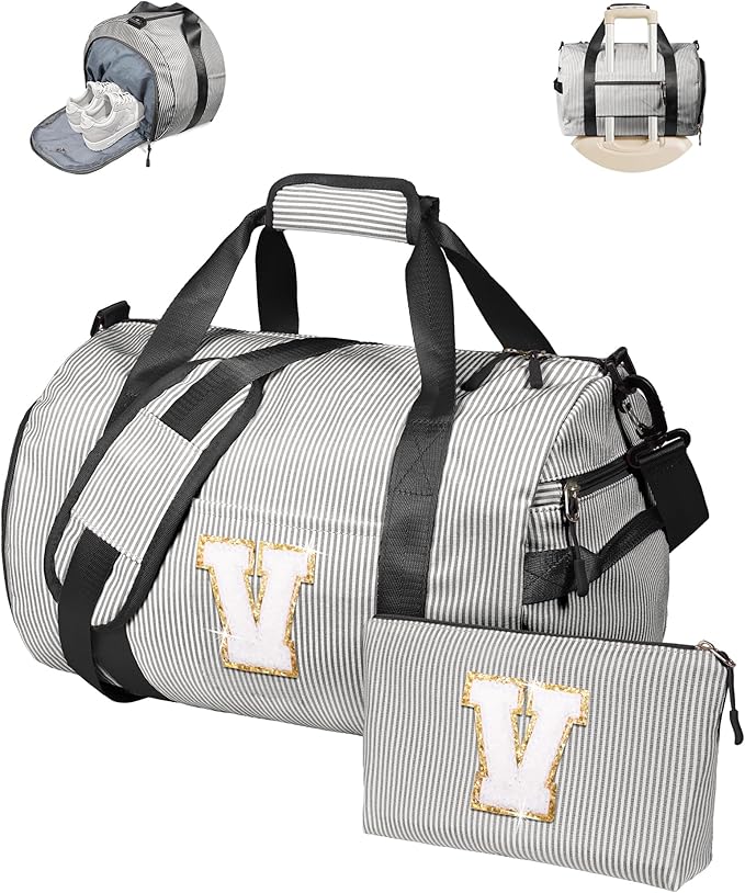 Gifts for Preteen, Girls Travel Duffle Bag, Kids Initial Overnight Bags with Shoe Compartment, Monogram Weekender Bag with Makeup Pouch, Birthday Gift for Niece Daughter Sister (Letter V)