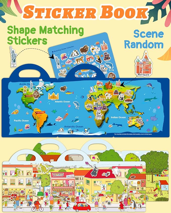 Benresive Reusable Sticker Book for Toddlers 2-4 Years, 3 Sets Travel Stickers for Kids, Waterproof Sticker Books for Toddlers 1-3, Crafts Activities for Todddlers 1-3 2-4 3-5