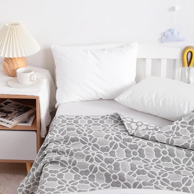 NTBAY 3 Layer Toddler Blanket, Muslin Cotton Jacquard Bed Blankets, Lightweight Thermal Baby Blanket, Super Soft and Warm Crib Blanket for All Seasons, Decoration Gift, 30"x40", Grey Clover