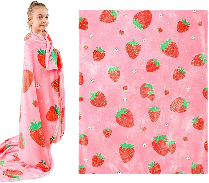Wajade Kids Pink Strawberry Throw Blanket for Girls Teens Women Soft Fuzzy Flannel Bed Blanket for Kids Adults Plush Christmas Birthday Gifts 50”x60”