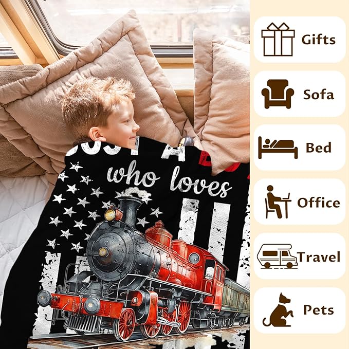 Train Blanket for Boys Men - Cute Throw Blanket Gifts for Kids Cars Lovers - 60x80 Inches Black Soft Fuzzy Car Blankets for Couch Sofa Bed Chair - Trains Stuff Bedroom Decor