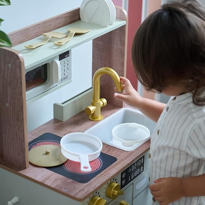 Teamson Kids Little Chef Lake Tahoe Smart Play Kitchen with Washing Machine, Oven, Microwave & Ample Storage, Neat & Compact Healthy Play for Age 3+, Sage Green