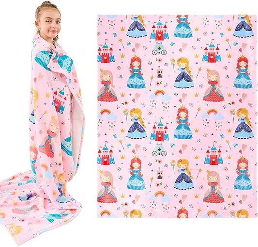Wajade Kids Pink Princess Blanket for Girls Soft Fleece Blanket for Couch Sofa Bedroom Princess Fairy Tales Castle Throw Blanket for Kids Teens 60"x80"