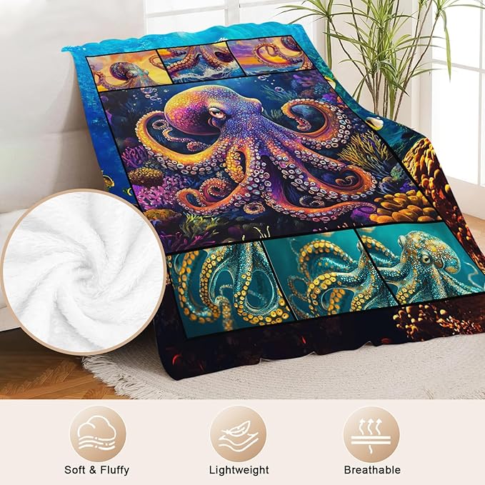Octopus Throw Blanket Ultra Soft Flannel Blanket Gifts for Women Girls Men Boys Lightweight Cozy Blankets Gift for Women and Men Couch Sofa Bed 80" x 60"