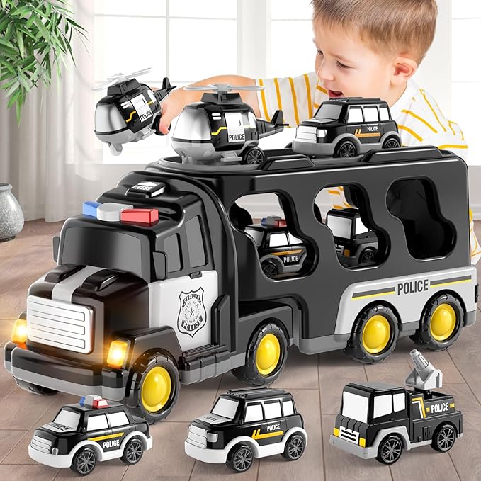 5 in 1 Police Trucks Cars Toys for Toddlers 3-5, Boy Toddler Car Truck Toys with Light Sound, Birthday Gifts Toys for 3 4 5 6 Year Old Boy, Transport Carrier Truck for Toddlers 3-5 Years
