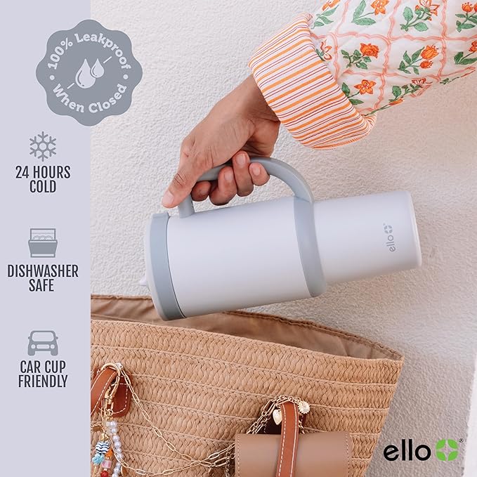 Ello Oasis 40 oz Tumbler with Handle & Retracting Straw | Reusable Insulated Stainless Steel Cup 100% Leakproof, Gifts for Teens Women Men | Keeps cold for 20 Hours, Cup Holder Friendly, Grayscale