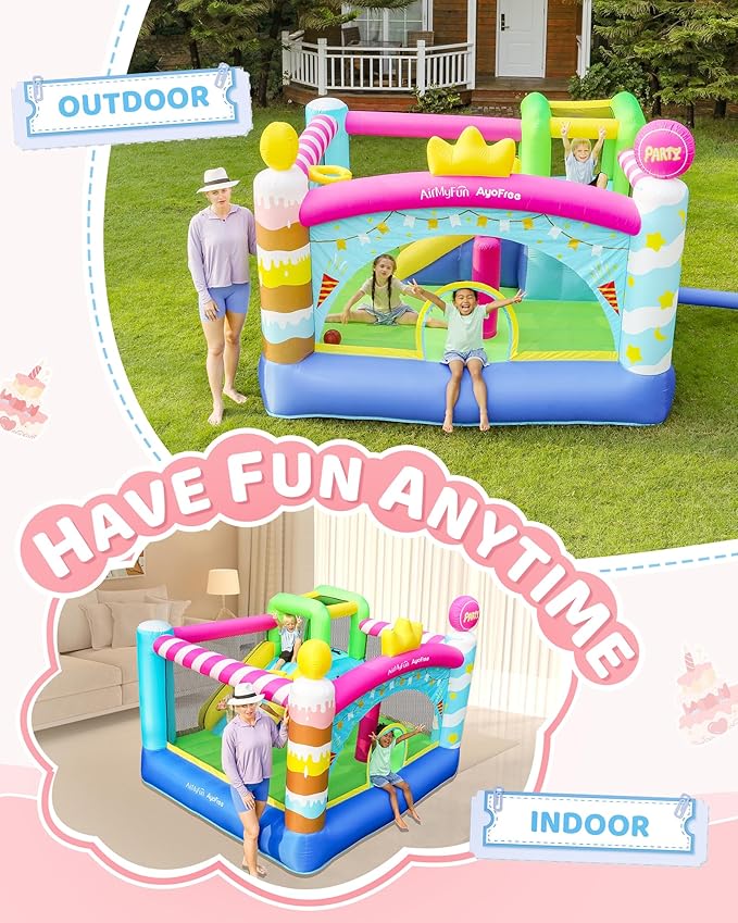 AirMyFun & AyoFree Bounce House, Bouncy House with Slide, Indoor Outdoor Inflatable Bounce House for Kids, Party Theme Bounce Castle with Large Jumping Area, Basketball Hoop