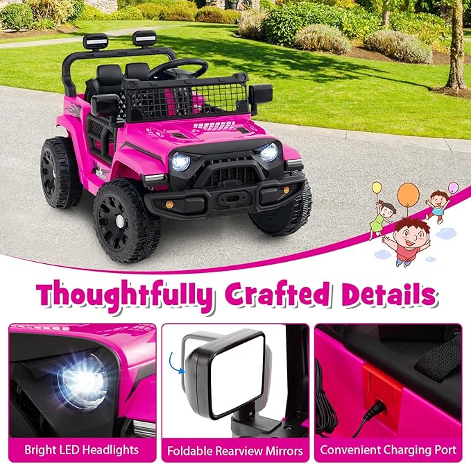 Costzon Kids Ride on Car Truck, 12V Electric Vehicle w/Foldable Mirrors, 3 Speeds, LED Lights, Music & Horn, Ride on Toys Remote Control Car for Toddlers, Boys & Girls (Pink,34" × 23" × 21")