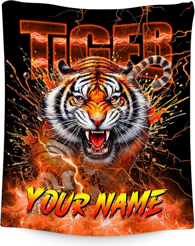 Kids Throw Blanket Custom Tiger Gifts for Boys Toddler, Fleece Soft Cozy Personalized Throw for Son Grandson (4 Sizes)