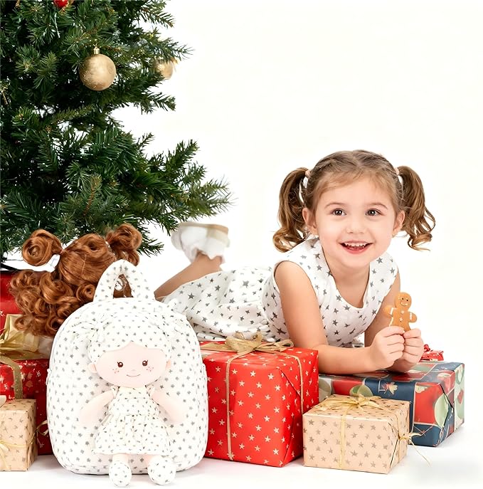 Onetoo Toddler Backpack for Girls 9” – Soft Plush Baby Doll Backpack, Cute Star Dress Stuffed Toy Bag, Perfect Birthday Christmas Gift for Kids, Preschool, Travel & Back to School