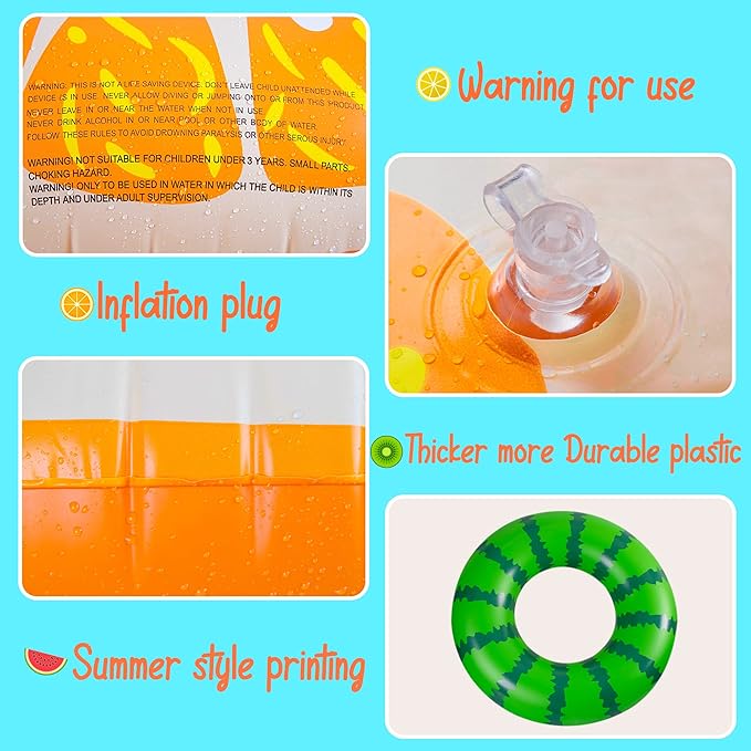 90shine 4PCS Fruit Pool Floats: Watermelon Kiwi Orange Lime Swimming Rings - Inflatable Tubes Floaties Toys for Kids Adults