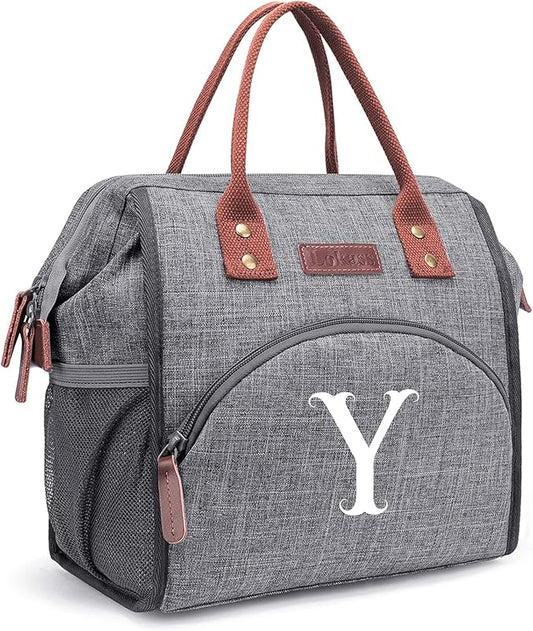 Personalized Lunch Box for Women, Initial Reusable Insulated Lunch Bag, Wide-Open Adult Lunchbox Cooler Lunchbag, Leakproof Lunch Tote for Picnic Work Outdoors, Christmas Gift for Women, Grey - Y