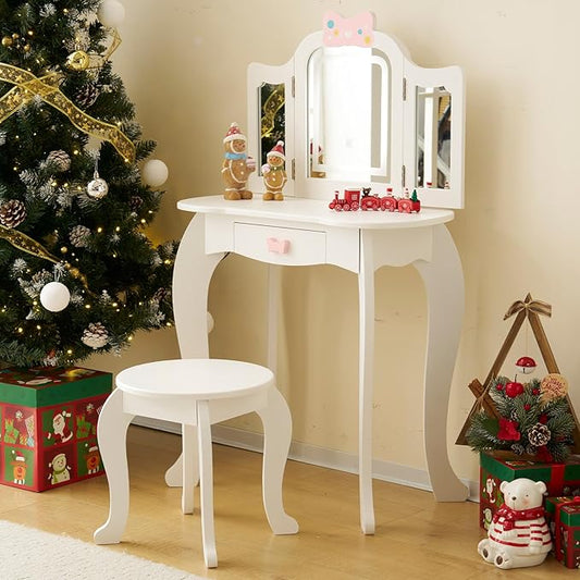Kids Vanity Table and Chair Set, Girls Vanity Set with Mirror & 3-Color LED Lights, Pretend Play Kids Vanity with Drawer & Cute Bow Print, Makeup Dressing Princess Table for Girls, White