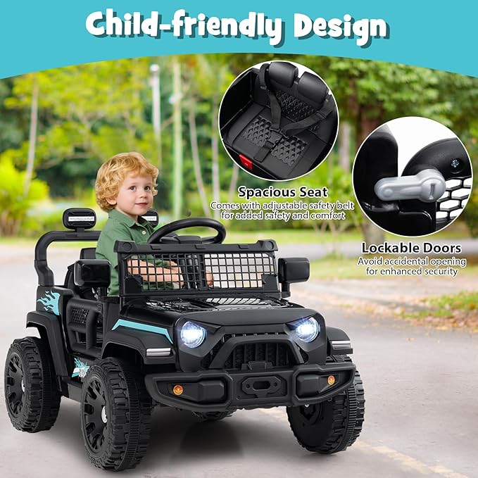 Costzon Kids Ride on Car Truck, 12V Electric Vehicle w/Foldable Mirrors, 3 Speeds, LED Lights, Music & Horn, Ride on Toys Remote Control Car for Toddlers, Boys & Girls (Black,34" × 23" × 21")
